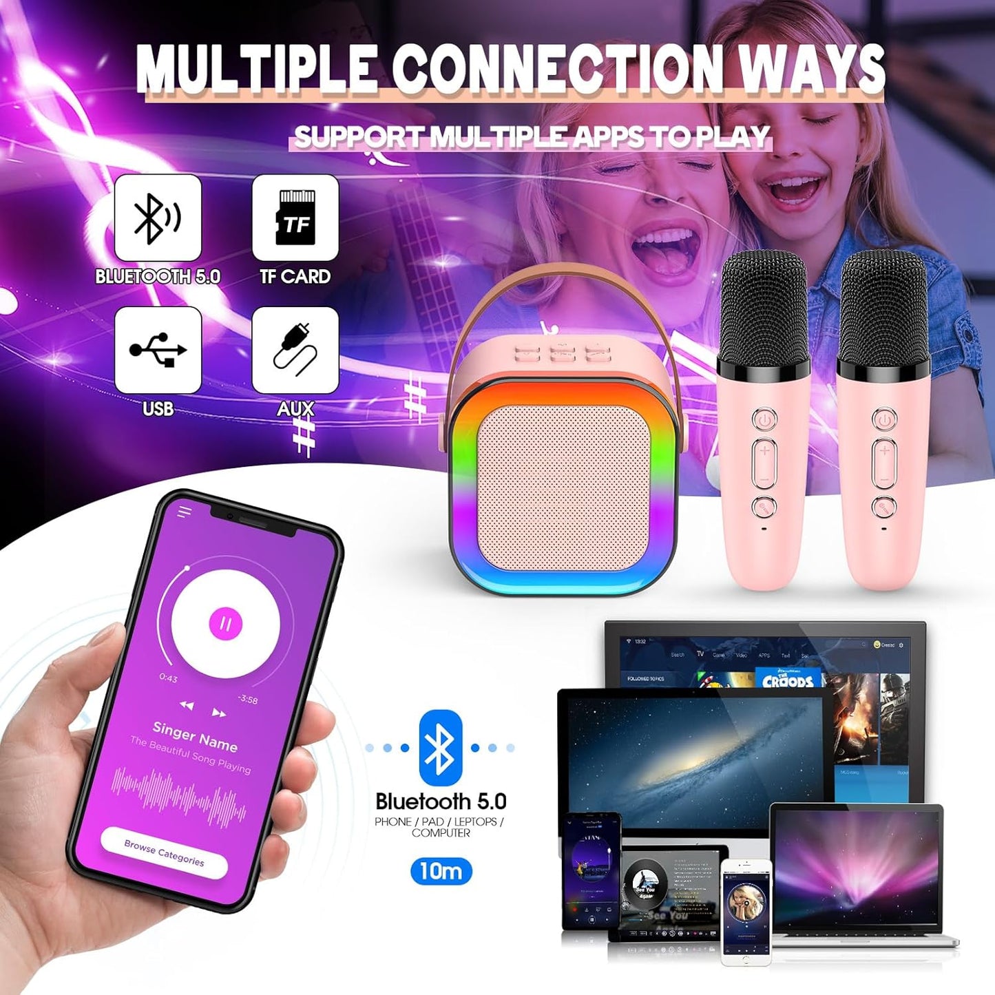 Karaoke Machine 2 Microphones, Birthday Gifts for Girls Toys Age 3-15 Year Old Girls Gifts Kids Microphone Toys for 3-12 Year Old Girls Birthday Presents Microphone for Kids Toys